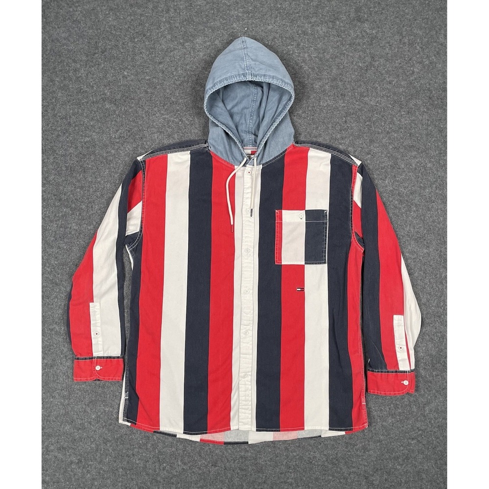 Tommy Hilfiger Button Up Hoodie Mens XL Striped Shirt Long Sleeve 90s Style